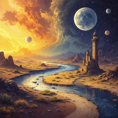 The primary subject of the image is a futuristic landscape featuring a river, a lighthouse, and a castle. The setting is a desert-like environment with a sky background. The visual style is a digital art illustration, creating a vivid and detailed scene. The colors and mood of the image are predominantly warm and earthy tones, giving the impression of a distant, yet intriguing world.